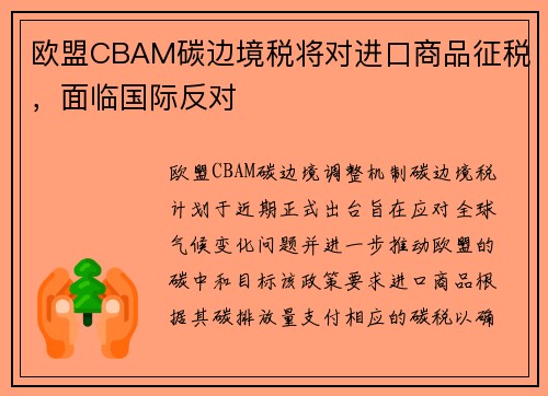 欧盟CBAM碳边境税将对进口商品征税，面临国际反对