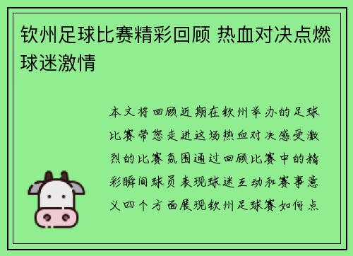 钦州足球比赛精彩回顾 热血对决点燃球迷激情