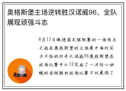 奥格斯堡主场逆转胜汉诺威96，全队展现顽强斗志