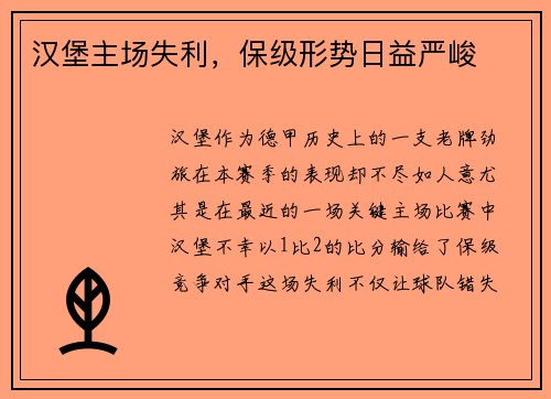 汉堡主场失利,保级形势日益严峻